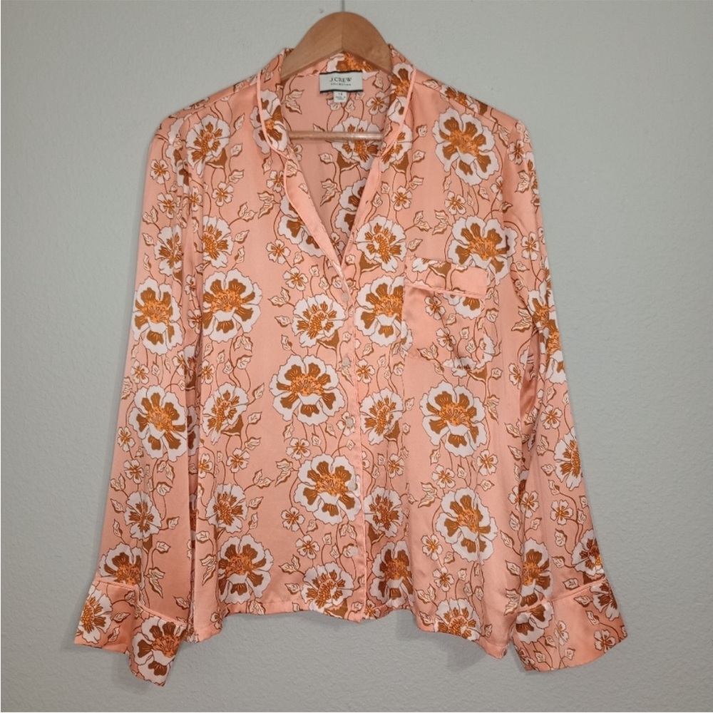 J. Crew Collection washable Silk pajama style top in Peach climbing Floral